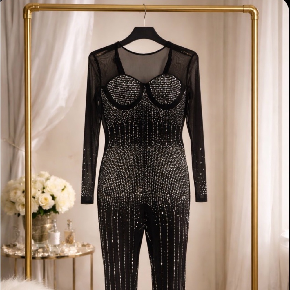 Black Sheer Rhinestone Jumpsuit